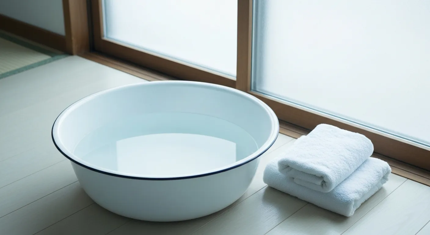 窓辺の床に置いた、水を張った洗い桶とたたんだタオル