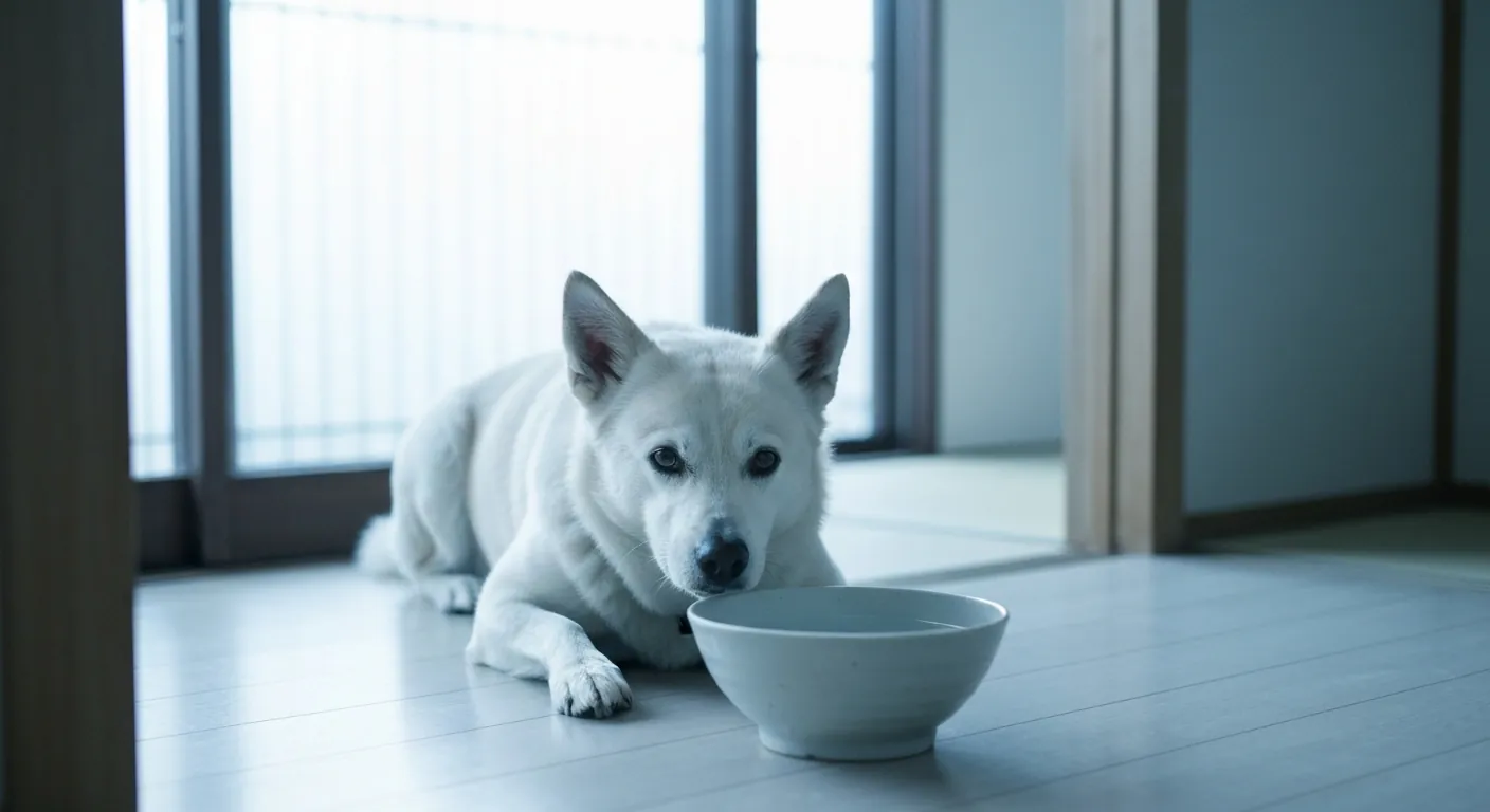 明るいリビングの床で、水の器のそばにくつろぐ犬